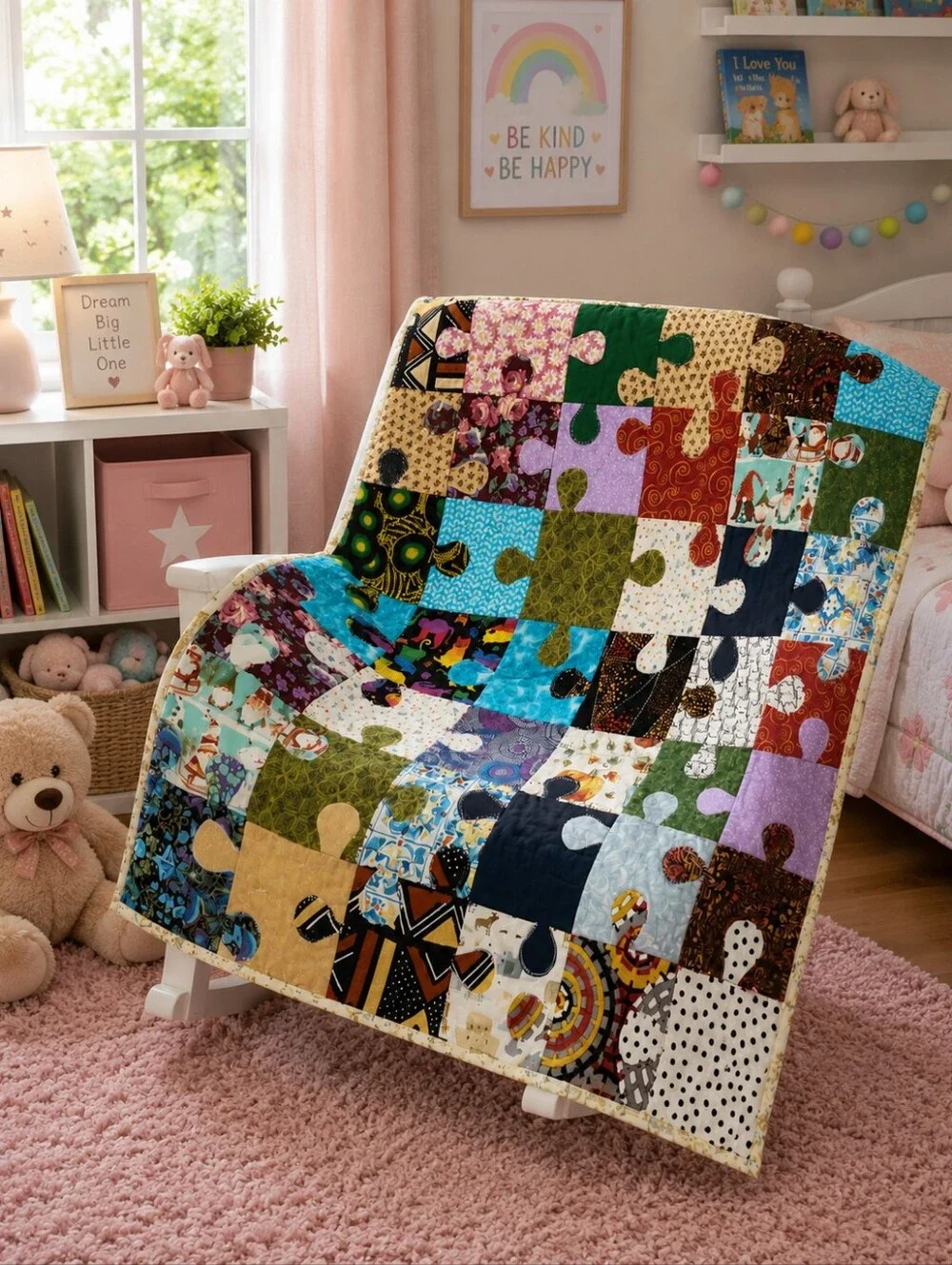 Handmade Jigsaw Puzzle Quilt Wall Hanging Lap Quilt Colorful Patchwork OOAK